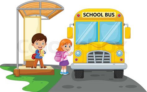 Cartoon Kids Going To School With School Bus Stock Vector Colourbox