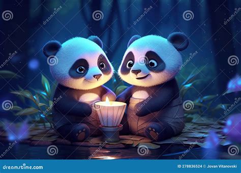 A Cute Adorable Two Baby Panda Bears By Night With Light In Nature