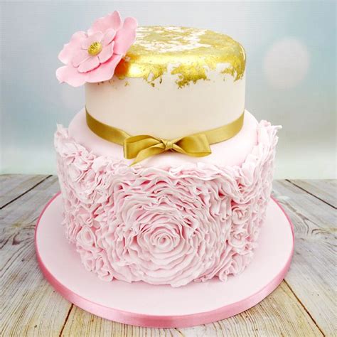 Pretty Pink Ruffle And Gold Leaf Cake Pink Gold Cake Sweet 16 Cakes