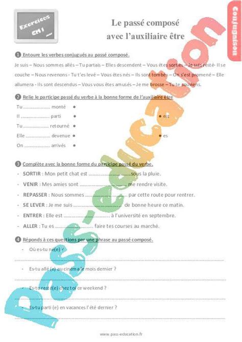 Le passé composé avec lauxiliaire être au Cm1 Exercices révisions