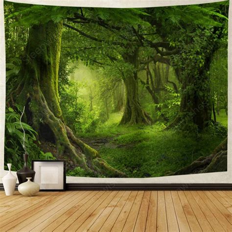 Virgin Forest Tapestry Green Tree In Misty Forest Tapestry Wall Hanging