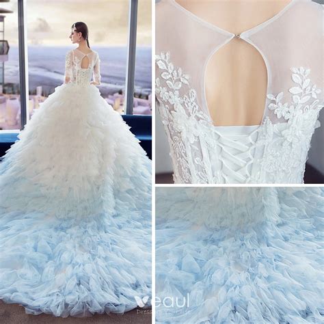 Amazing Unique White Gradient Color Sky Blue Pierced Wedding Dresses