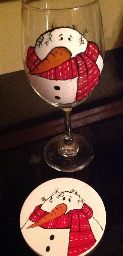 Hand Painted Snowman Wine Glass With Matching By Rosebudsandthings Snowman Wine Glass Painted