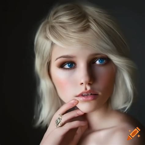 Realistic Portrait Of A Woman With Short Blonde Hair And Blue Eyes On