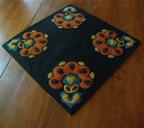 Jacobean Wool Applique Table Runner Square Primitive Penny Rug