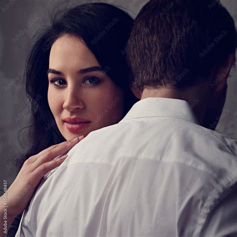 Sexy Couple Portrait Man In White Shirt Sexual Toching His Sensual