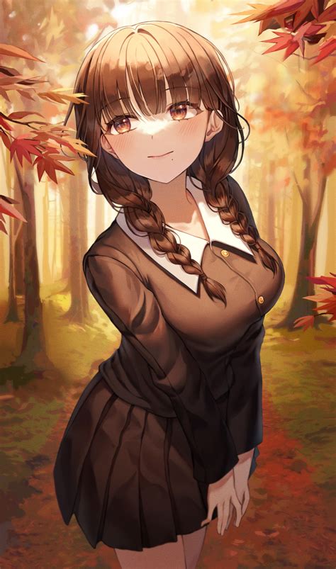 Safebooru 1girl Absurdres Autumn Autumn Leaves Bangs Black Shirt Black Skirt Blunt Bangs Blush