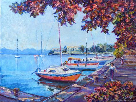 Oil Painting On Canvas Sea Boat Berth Southern Landscape