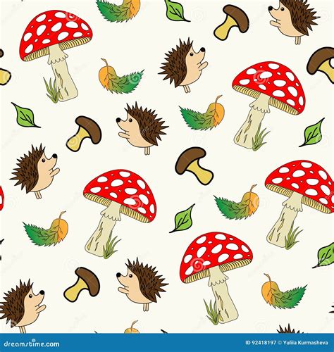 A Cartoon Hedgehog On The Mushroom Seamless Pattern Stock Vector