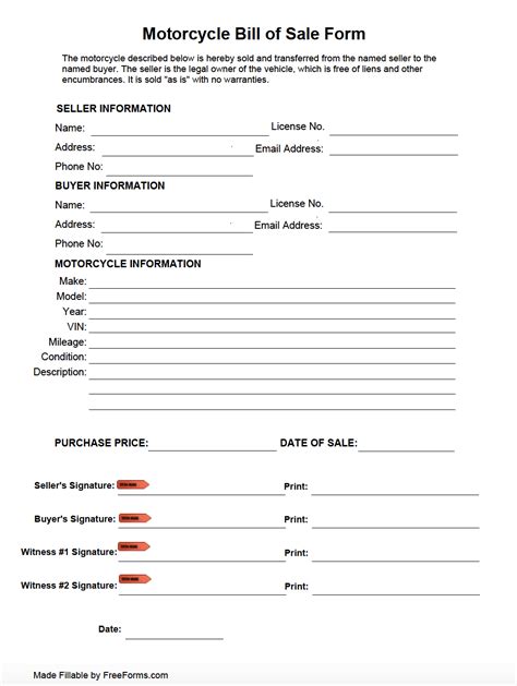 Printable Bill Of Sale For Motorcycle