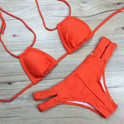 Hot Sale Solid Red Sex Bikinis Women Push Up Padded Bra Beach Bikini Set Swimsuit Swimwear Women