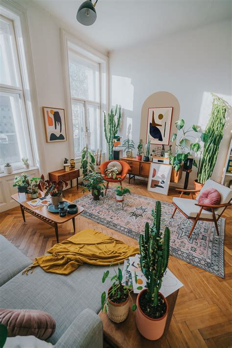 Artful Bright Interior With Modern Art Plants And Retro Furniture In
