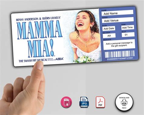 printable mamma mia broadway surprise ticket editable musical etsy