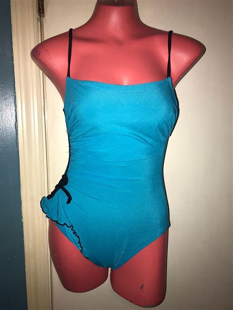 Vintage 1980s Swimsuit Vintage Turquoise And Black Swimsuit Bathing