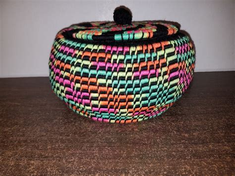 Large Yarn Coiled Basket With Lid Neon Jute Rope Etsy