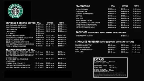 The Menu For Starbucks Coffee Is Shown In Black And White