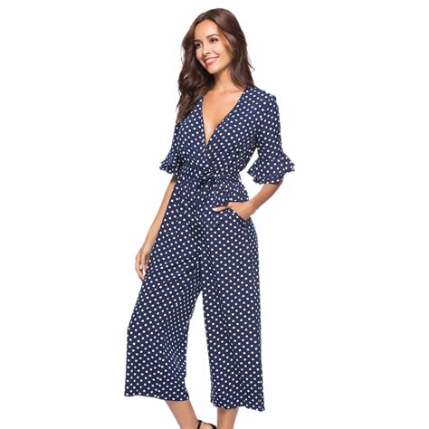 buy autumn new fashion women polka dot jumpsuit v neck sexy jumpsuit tiered