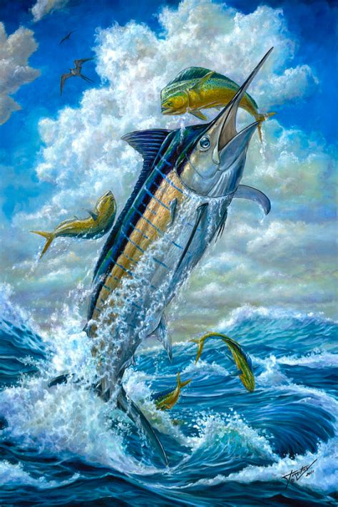 Big Jump Blue Marlin With Mahi Mahi Terry Fox Fish Artwork Fish Jumps