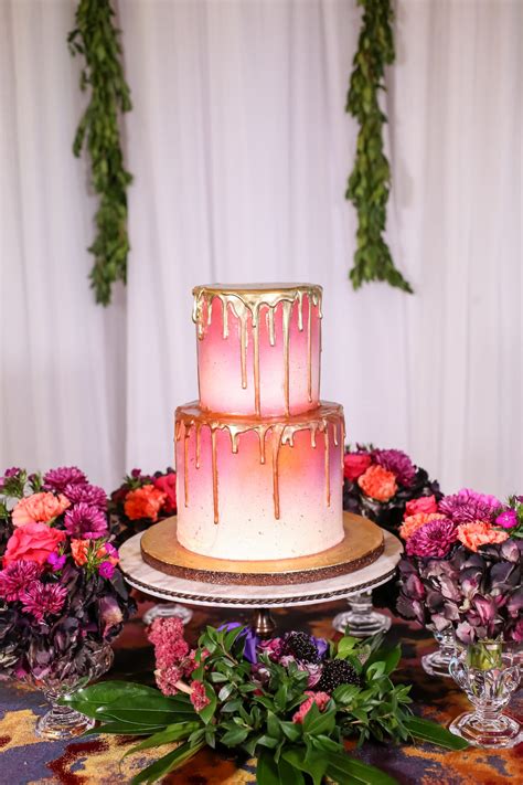 Two Tier Round Pink And White Ombre Wedding Cake With Gold