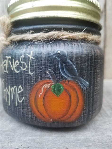 Harvest Thyme Mason Jar Primitive Mason Jar Crow Pumpkin Etsy