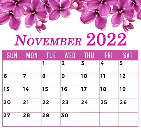 Floral November 2022 Calendar Printable With Flowers Landscape Template