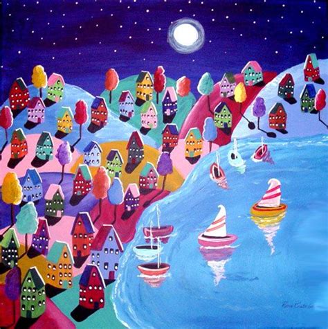 Image Detail For Sailboats Houses Trees Whimsical Colorful By