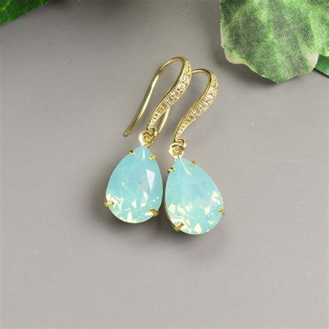 Mint Bridesmaid Earrings Gold Crystal Pacific Opal Mint Bridal Etsy