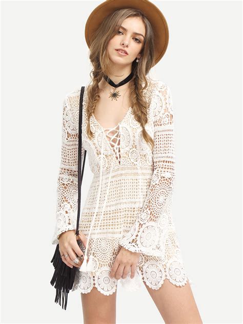 White Long Sleeve Lace Up Lace Boho Dress Sheinsheinside