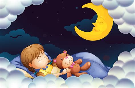Little Girl Sleeping With Teddybear At Night Time 418334 Vector Art At