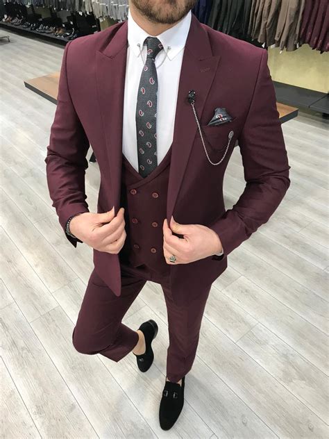 Buy Burgundy Slim Fit Wool Suit By With Free Shipping