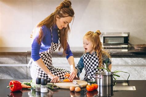 Mother And Daughter Cooking At Home Premium Photo
