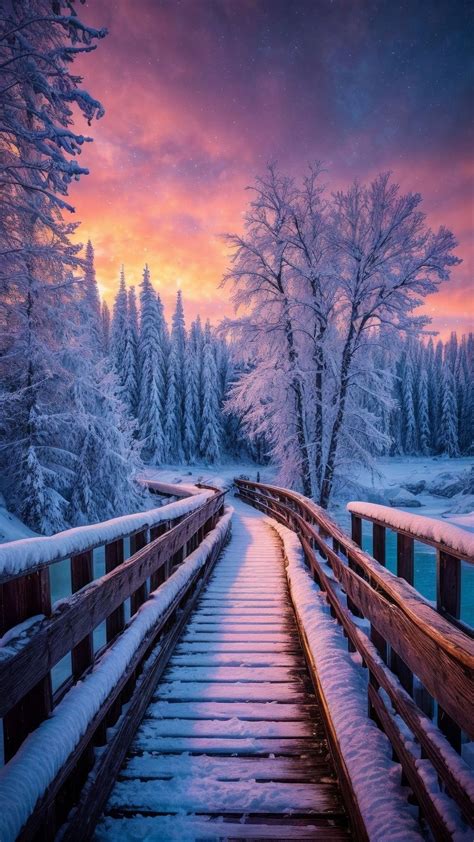 Wallpaper Bridge Trees Forest Snow Sunset Evening Winter 4k By