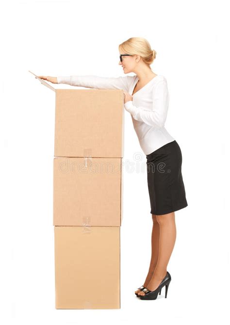 businesswoman with big boxes stock image image of lovely joyful 39459379