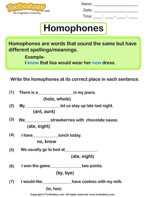 Homophones For Each Word Turtle Diary Worksheet