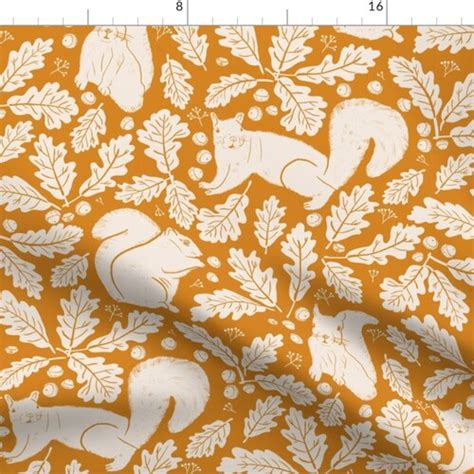 Squirrels Fabric Squirrels Oak Leaves And Acorns By Etsy
