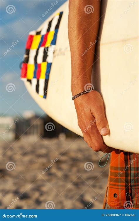 Closeup Of A Surfer Holding A Surfboard Stock Image Image Of Male