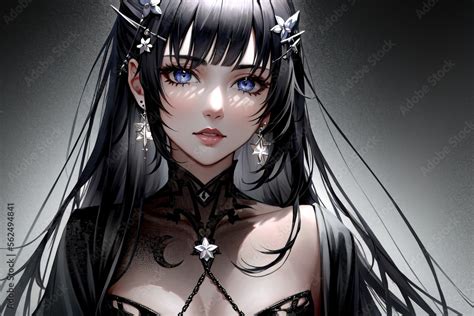 Anime Girl With Black Hair And Blue Eyes And A Black Dress Stock 일러스트레이션 Adobe Stock
