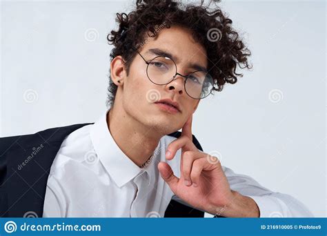 Guy In Glasses And In A Classic Suit On A Light Background Portrait Close Up Stock Image Image