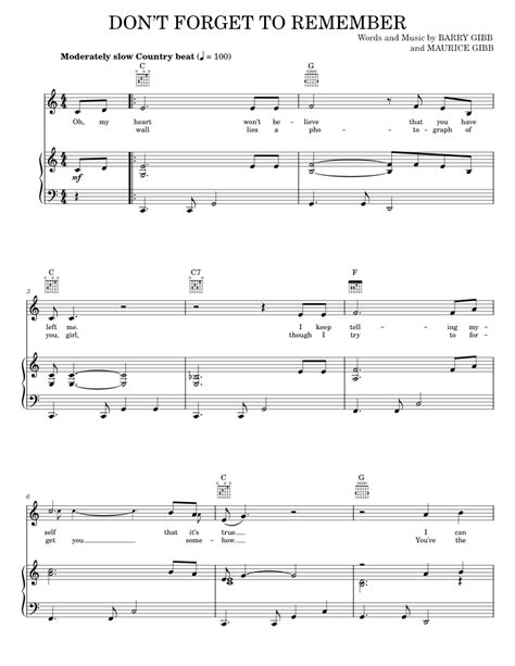 Dont Forget To Remember Me Sheet Music For Piano Vocals By Bee Gees