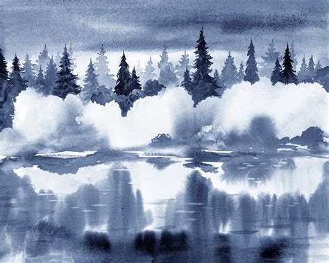Indigo Blue Reflections On The Calm Waters Pine Trees Watercolor