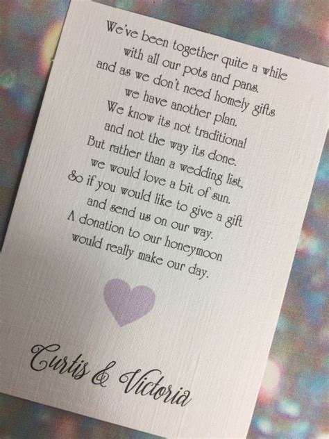 When gifting for a wedding, it should be sent in advance, ideally via the registry, at a time you know is convenient for the couple to receive it. 50 x PERSONALISED HEART WEDDING GIFT POEM CARDS - MONEY ...