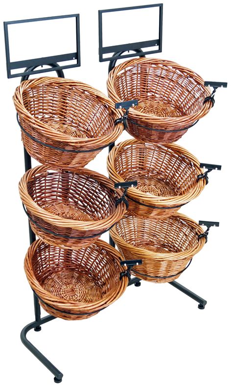 3 tier basket stand with 6 bins sign clips wicker black grocery store design retail store