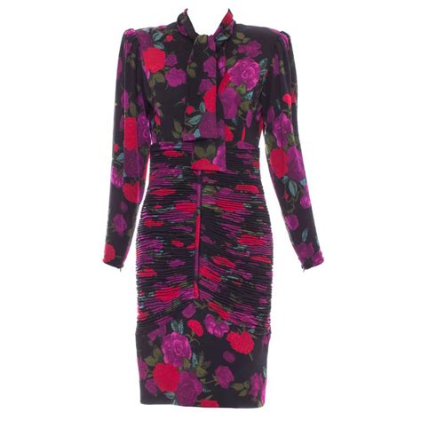 Emanuel Ungaro Floral Wool Jersey Ruched Dress Circa 1980s For Sale