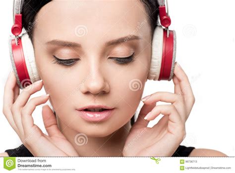 Close Up Portrait Of Attractive Girl Listening Music In Headphones Stock Image Image Of