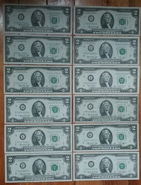 1976 2 Two Dollar Bill Complete Bicentennial Frn All 12 Note District