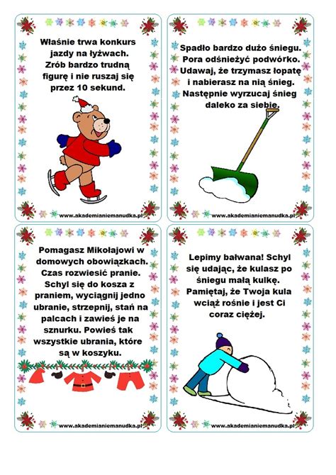 Zimowe karty ruchowe dla dzieci darmowe materiały do druku Akademia