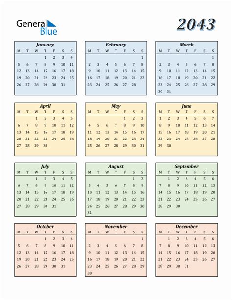 2043 Yearly Calendar Templates With Monday Start