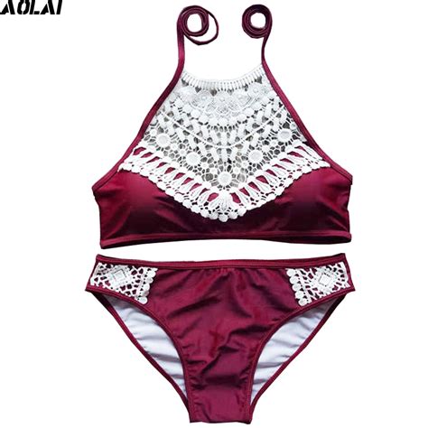 lace mesh bikini 2020 hot high neck swimwear women crop top swimsuit halter biquini push up
