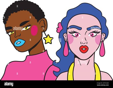 Purple Hair Woman And Afro Girl Couple Fashion Pop Art Style Vector Illustration Design Stock