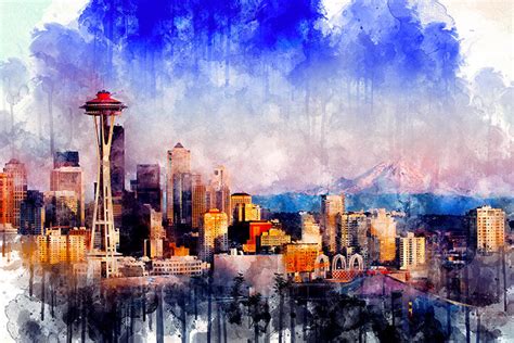 Seattle Skyline Watercolor Wall Art Zapwalls